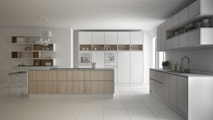 Fototapeta na wymiar Unfinished project of modern scandinavian kitchen, sketch abstract interior design