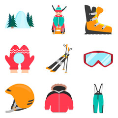 Winter rest and sports color flat icons set for web and mobile design