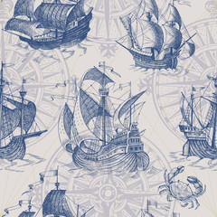 Old caravel, vintage sailboat, seashells, starfish, сrab, squid. Hand drawn sketch. Vector seamless pattern for boy. It can be used for textile, wrapping paper, menu design and invitations.