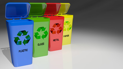 Four colored recycling trash cans - 3D rendering