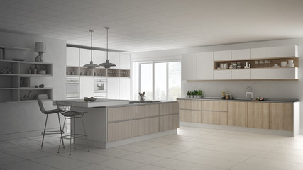 Unfinished project of modern scandinavian kitchen, sketch abstract interior design