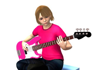girl learning to play bass guitar 3d rendering