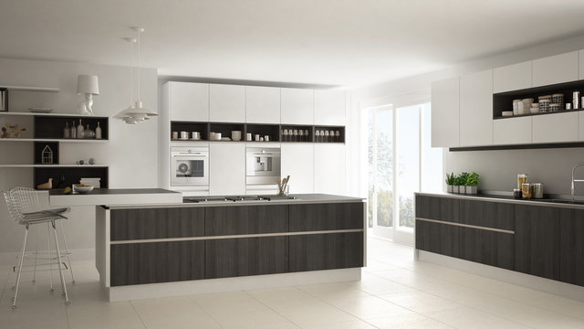 Modern white kitchen with wooden and white details, minimalistic interior design