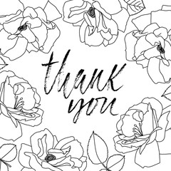 Thank You handwritten inscription. Hand drawn modern dry brush lettering. Thank you card. Vector illustration. Flower frame.
