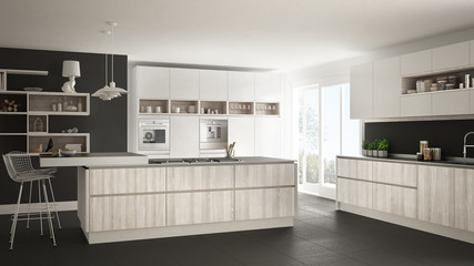 Modern white kitchen with wooden and white details, minimalistic interior design