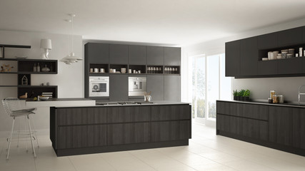 Modern white kitchen with wooden and gray details, minimalistic interior design