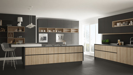Fototapeta premium Modern white kitchen with wooden and gray details, minimalistic interior design