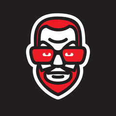 Bearded man head silhouette. Male face with red beard and big sunglasses isolated on black background. Vector graphic illustration.