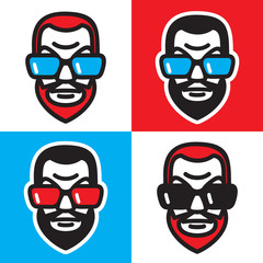 Man head with a beard and big sunglasses. Vector graphic illustration.