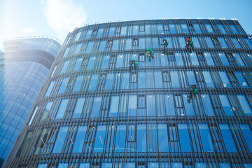 Several climbers washing windows of modern office center