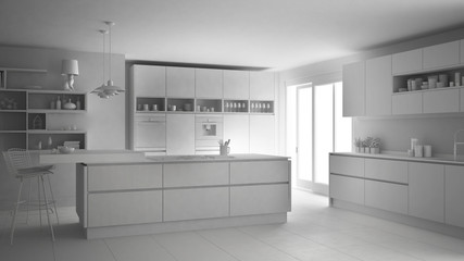 Total white modern scandinavian kitchen, minimalistic classic interior design