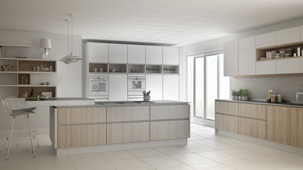 Unfinished project of modern scandinavian kitchen, sketch abstract interior design
