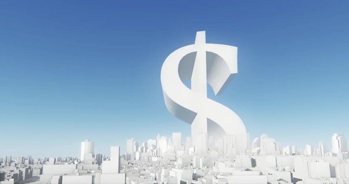4k Dollar symbol & abstract urban business construction,3D Virtual Geometric City Office Buildings,aerial view of NewYork,web tech.