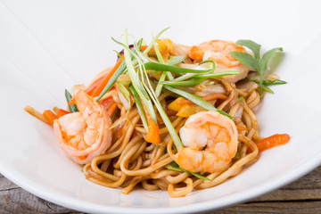 Asian wok noodles with shrimps