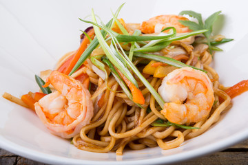 Asian wok noodles with shrimps