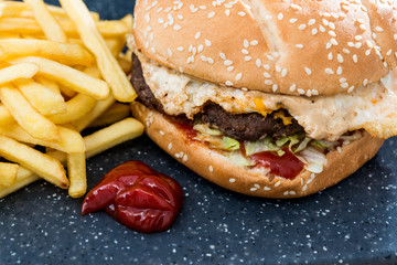 Cheese burger - American cheese burger with Golden French fries
