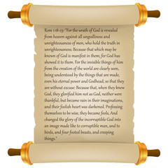 Old scroll with Bible text. Parchment realistic. Vintage blank paper scroll isolated on white background. Vector illustration.