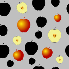 Seamless Pattern with black apples, half of apples and some gold apples on the Grey Background. 