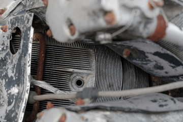 Jet engine / View of old engine of airplane abandoned. Part of engine. Shallow depth of field.
