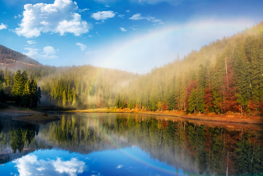 rainbow over the lake in foggy spruce forest