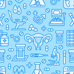 Medical seamless pattern, gynecology vector background red color. Obstetrics, pregnancy line icons - ultrasound, gynecological chair, in vitro fertilization. Cute repeated illustration for hospital.