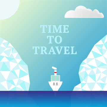 Arctic cruise. It is time to travel. Sea, ship and icebergs. Ice polygonal illustration for ad banner, poster. Space for текст. Vector
