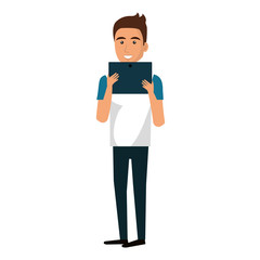 young man using tablet avatar character vector illustration design