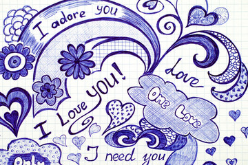 Hand drawn love doodles messages on checkered paper.