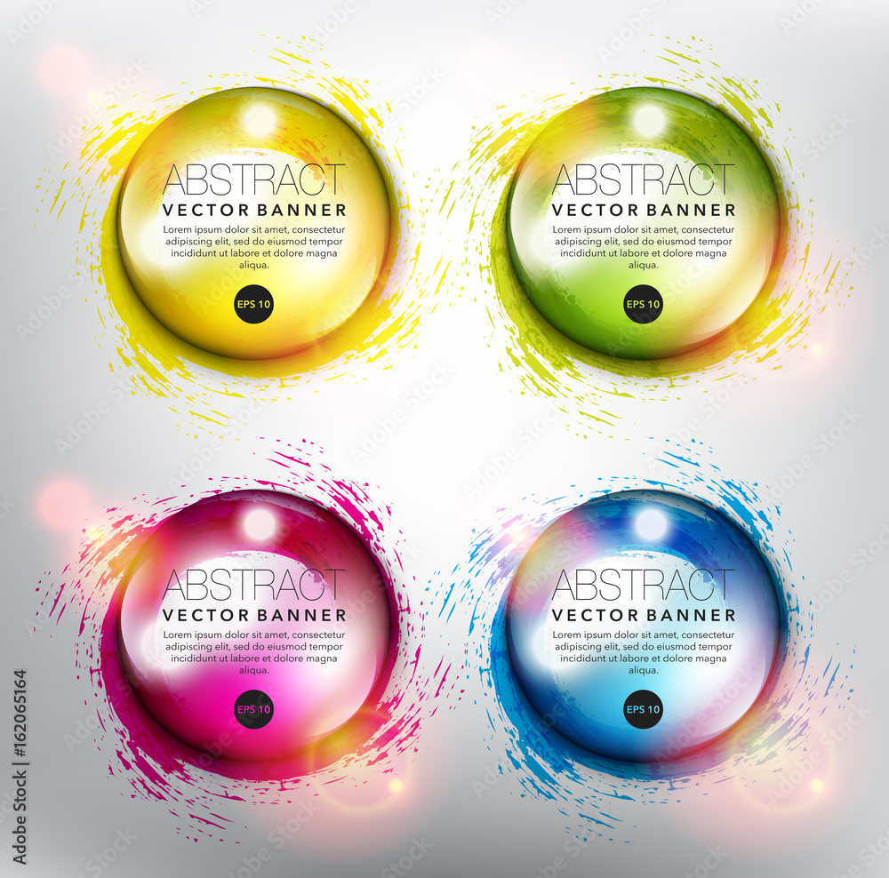 Wall mural abstract vector banner set of 4. transparent water drops on the hand drawn swirl design. colorful an