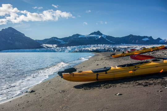 Kayak campsite near glacier front in Svalbard