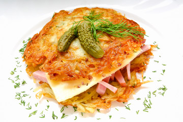Potato pancake burger with ham and cheese