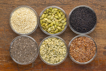 healthy seed collection in glass bowls
