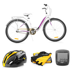 Bicycle and accessories on white background