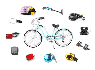 Bicycle with parts and accessories on white background