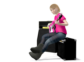 cute girl playing bass guitar 3d rendering