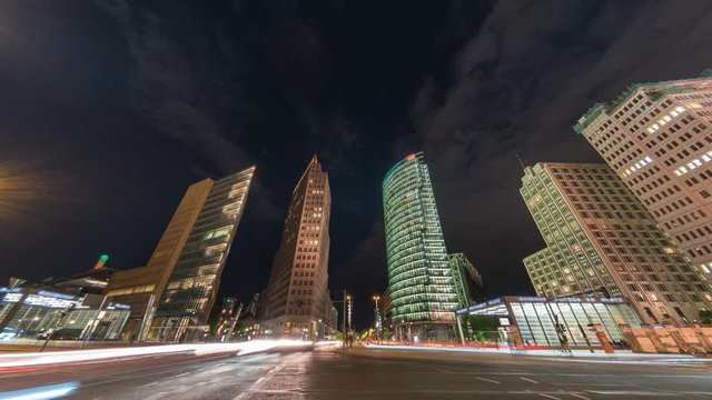 Berlin city skyline night timelapse at Potsdamer Platz, Berlin, Germany, 4K Time lapse