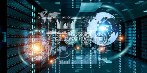 Graph holograms flying over server room data center 3D rendering