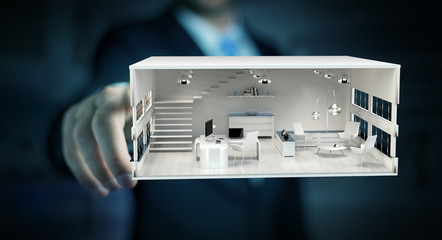 Businessman touching white 3D rendering apartment