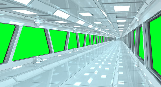 Spaceship white corridor 3D rendering