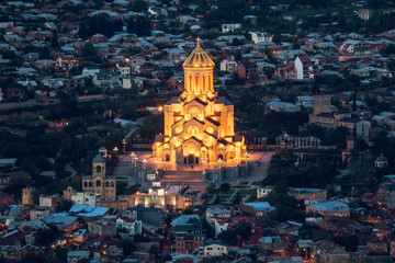 Holy Trinity Cathedral of Tbilisi, night view from above