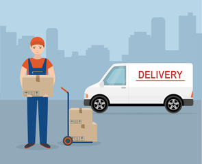 Man with cardboard box and delivery van on city background. Flat style, vector illustration. 
