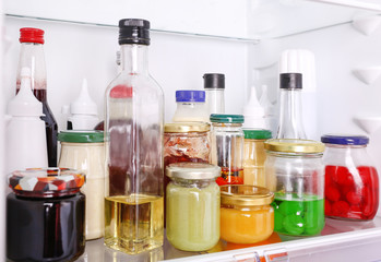 Many different sauces in fridge