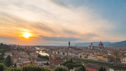 Aerial view of Florence. With Florence Duomo Cathedral. Basilica di Santa Maria del Fiore or Basilica of Saint Mary of the Flower in sunset.