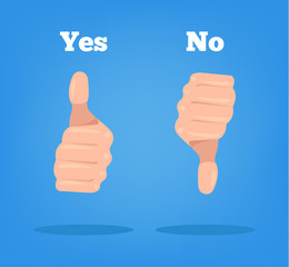 Thumbs up and down. Yes No sign hand. Vector flat cartoon illustration