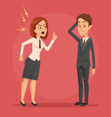 Fototapeta na wymiar Angry woman boss character yelling at employee man office worker. Vector flat cartoon illustration