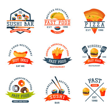 Colorful cartoon fast food label logo isolated restaurant tasty american cheeseburger badge mea meal vector illustration.