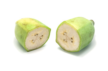 Green bananas on white background.