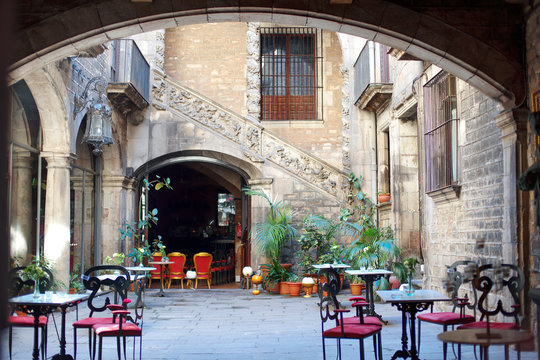 Barcelona, Spain - characteristic courtyard in Barri Gotic district