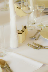 Detailed closeup of tableware, cuttlery and wedding decorations