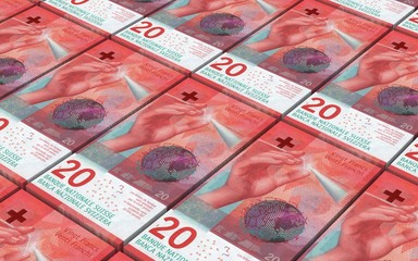 Swiss franc bills stacks background. 3D illustration.